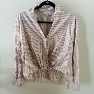 Evereve Women's Tan Striped Button-Down Shirt